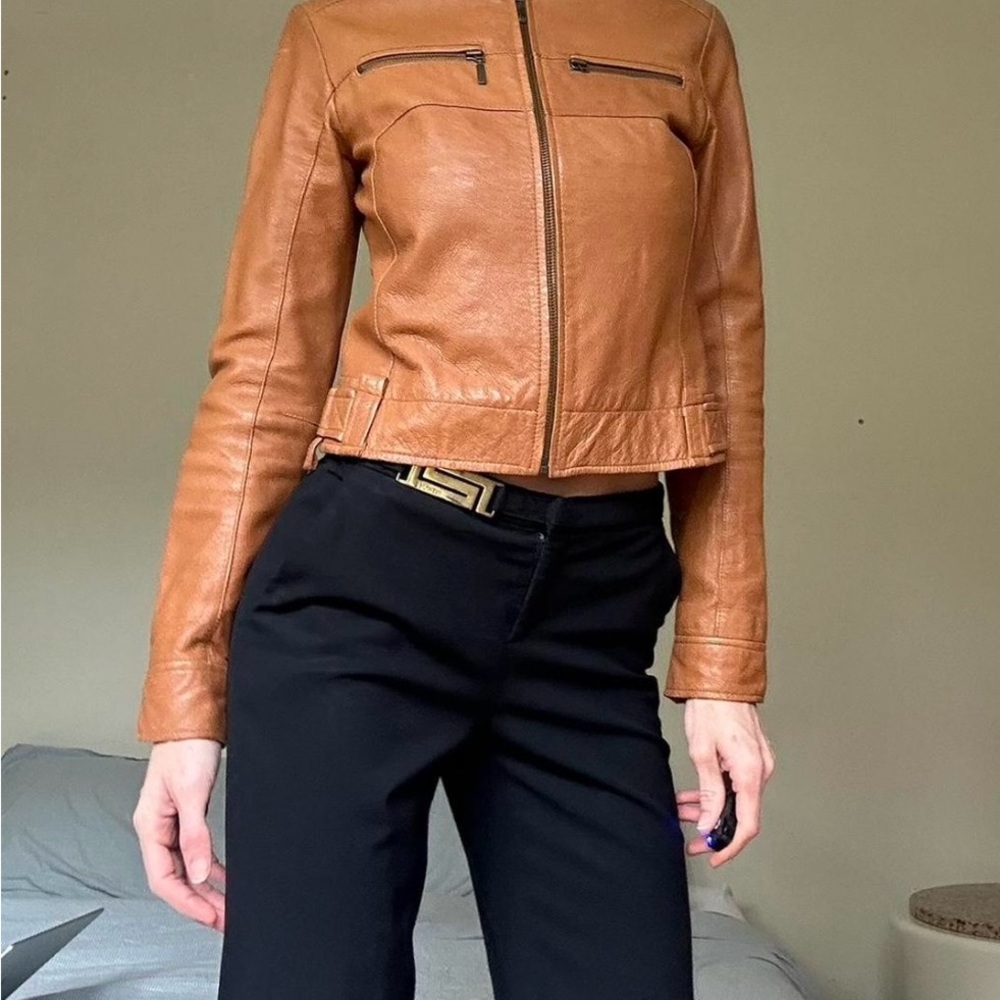 Paloma Wool Tan Leather Jacket Fitted Waist Refined Style - Picture 5 of 6